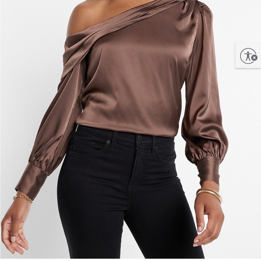 Express Brown Satin One Shoulder Long Sleeve Blouse